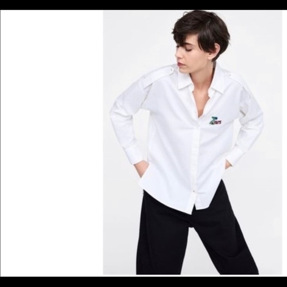 Zara NWT white button-down shirt with logo details - Picture 2 of 6
